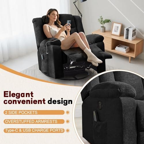 Korser Rocker Recliner, Glider Recliner Chairs for Adults, 360° Swivel Rocking Chair with Massage and Heating, Nursery Chair with Storage and USB Charging for Living Room, Bedroom, Nursery 7