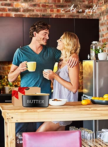 Butter Dish with Lid: Large Butter Dish for Countertop - Ceramic Butter Keeper Container with Knife and High Quality - Silicone Sealing Butter Box for Home Decor Good Kitchen Gift Black 7