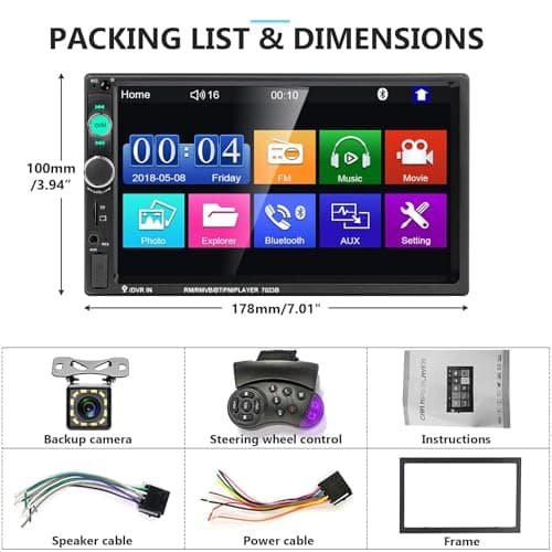 Podofo Car Stereo Double Din Car Radio 7 Inch MP5 Player with HD Touch Screen Digital Display Bluetooth Multimedia Support PhoneLink USB SD Aux-in 2 Din Autoradio with Backup Camera 7