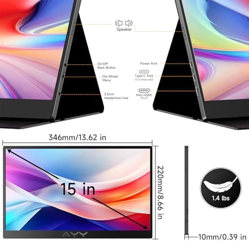 AYY Portable Monitor for Laptop 15 Inch, FHD 1080P USB-C HDMI Travel Monitor External for Computer, Second Display HDR IPS Gaming Monitor Extender for PC MAC Phone PS4/5 Xbox Switch, Built-in Speakers 8