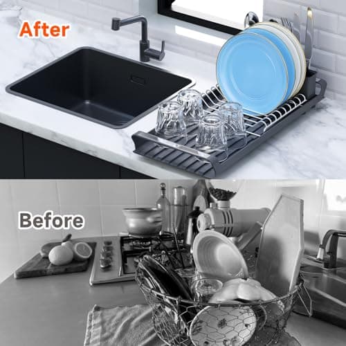 TOOCA BEAR Expandable Small Dish Drying Rack Dish Racks for Kitchen Countertop Compact Dish Drainer with Removable Cutlery Holder Dish Racks for Sink,Grey 7
