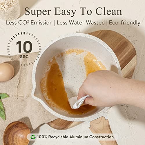 CAROTE 1.5Qt & 3.0Qt Sauce Pan Sets with Lid Cooking Pots Nonstick Saucepans Cookware Set with Pour Spout Small Kitchen Pot, Induction Comptable, Easy to Clean, PFOA FREE (White Granite) 5