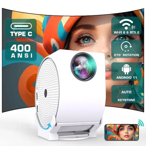 [Built-in -Apps] 270°Adjustable Smart Mini Projector with WiFi and Bluetooth, Portable Movie Projector with Android TV, Auto Keystone Correction, Smal Video Projector for Home, Bedroom, Outdoor Use