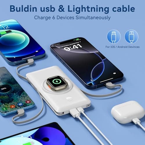 Magnetic 10000mAh Portable Charger for iWatch & iPhone, 22.5W USB C Fast Charging Wireless Power Bank Built-in Cables and Wall Plug, External Travel Battery Pack Compatible with iOS Android Devices 6