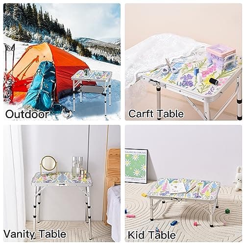 Yriuat Folding Camping Table 2ft Portable Pinic Table Adjustable Height Small Card Table Aluminum Foldable Lightweight with Carry Handle for Outdoor Indoor Hiking Camp BBQ Beach (Blooming Floral) 6