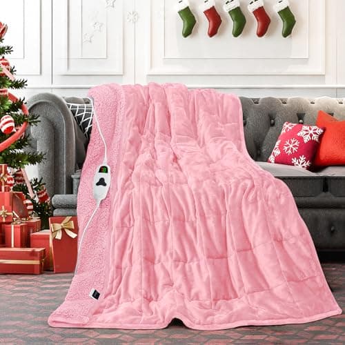 greenoak Heated Weighted Blanket for Adults - Sherpa Fleece Electric Throw Blanket (50”x60”, 13lbs, Pink) - Thick Soft Warming Plush Heating Blanket with 10 Heating Levels & 1-8 Hours Auto Off