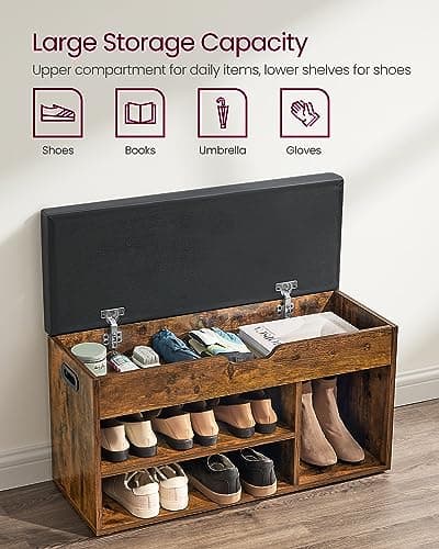 VASAGLE CUSTOS Collection - Storage Bench with Cushion, Shoe Bench, Padded Seat, Hidden Storage, Entryway, Hold up to 300 lb, 11.8 x 31.5 x 17.3 Inches, Rustic Brown and Ink Black ULHS30BX 5