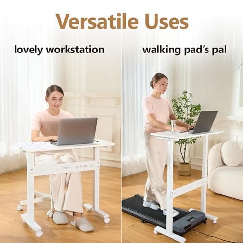 YILIFT Non-Electric Auto-Lifting Standing Desk, No Knobs or Crank, Cordless, Rolling and Mobile, Great for Walking Pad, Adjustable Height 28.1'' to 43.3'', Desktop Size 31.5'' by 15.7'', Color White 6