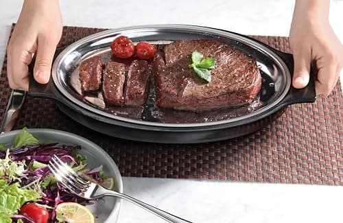 New Star Foodservice 26733 Oval Stainless Steel Sizzling Platter with Insulated Holder, 11.63" x 8", Black 6