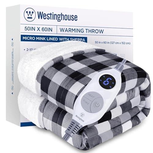 Westinghouse Electric Throw Blanket, Soft Flannel to Sherpa With 6 Heating Levels & 2 to 10 Hours Time Settings, Fast Heating, Machine Washable, Black 50x60 Inches
