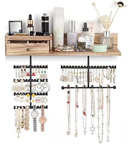 VINAEMO Jewelry Organizer Hanging Wall Mounted Jewelry Holder with Rustic Wood Drawer & Large Capacity Storage Shelf Rack Display for Earrings Rings Necklaces Bracelet 8