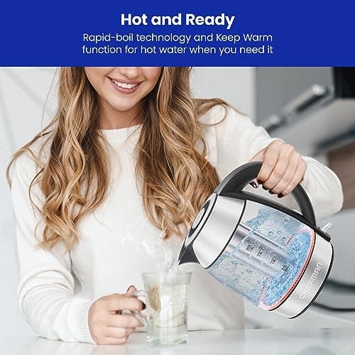 Chefman Glass Electric Kettle for Boiling Water, 1.8L 1500W, with Tea Infuser, Keep Warm Function, Auto Shut Off, Boil-Dry Protection, BPA Free, Hot Water Boiler, Electric Tea Kettle - Stainless Steel 5
