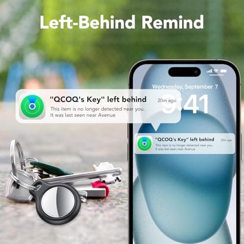 QCOQ Air Tracker Tags-4 Pack Black | Bluetooth Tracker Work with Apple Find My (iOS Only), Smart Tag with Protective Case/Keychain/Lanyard, Item Finder for Luggage/Key/Suitcase, Replaceable Battery 6