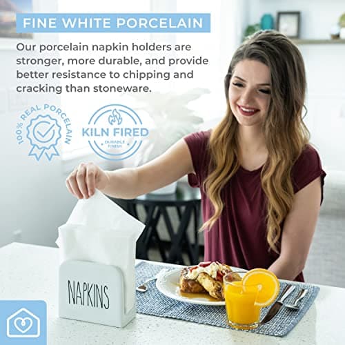 Heartland Home Porcelain White Napkin Holder. Large Napkin Dispenser for Cocktail or Luncheon Napkins. Vertical Napkin Holders for Kitchen, Tables and Outdoor. Farmhouse White and Black Servilletero 5