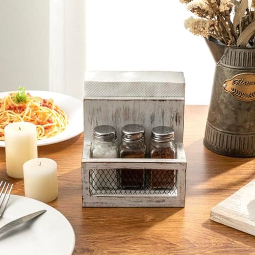 FARM IN Napkin Holder, Farmhouse Multifunctional Napkin Holder with Salt and Pepper Shakers Holder for Home and Commercial Use, Rustic Solid White Washed Wood & Diamond Metal Wire Mesh 3