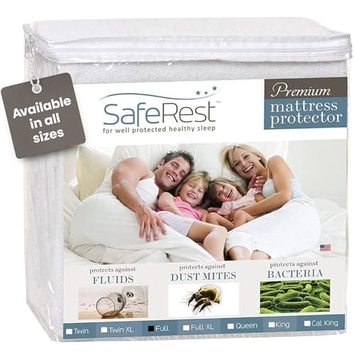 SafeRest Waterproof Full Size Mattress Protector - Fitted with Stretchable Pockets - Machine Washable Cotton Blend Mattress Cover for Bed