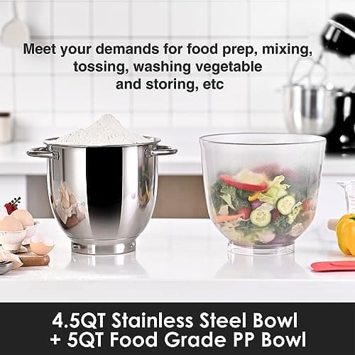Kitchen in the box Stand Mixer, 5QT Two bowls Electric Food Mixer, 10 Speeds 3-IN-1 Kitchen Mixer for Daily Use with Egg Whisk,Dough Hook,Flat Beater (Black, 5QT) 5