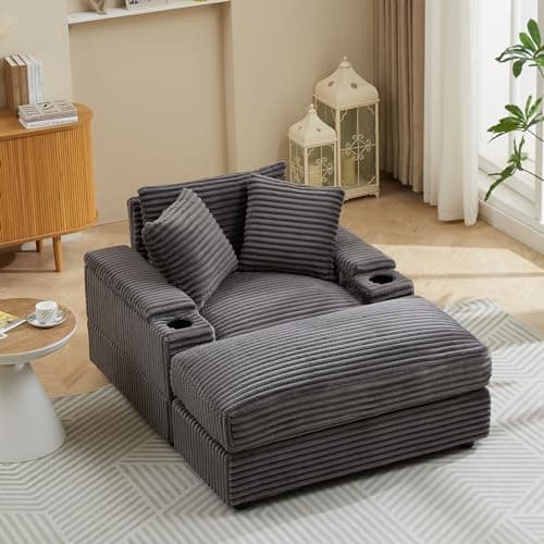 EXZLFA Oversized Chaise Longue Indoor，Comfy Thicked Upholstered Pad Lounge Chair with Ottoman，Soild Wood Sleeper Reclining Chair ，Corduroy Deep Seat Couch for Living Room（Grey 1Seat with Cup Holders 6
