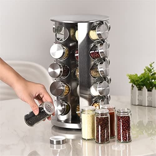 EBIZ&TECH 20-Jar Stainless Steel Rotating Spice Rack with Non-Slip Base - Kitchen Countertop Organizer for Easy Access and Storage of Spice (Sliver) 6
