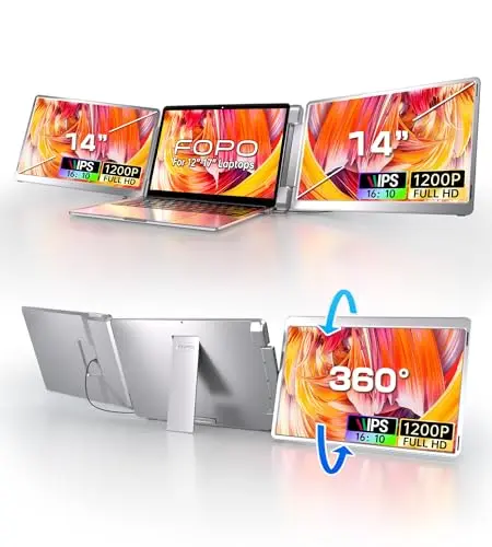 FOPO 14" Triple Monitor Laptop Screen Extender-FHD 1200P 16:10 Laptop Screen Extender, Left Screen 360° Flip Portable Monitor for 12-16.5" Laptops with HDMI/USB-C, Plug & Play - S7
