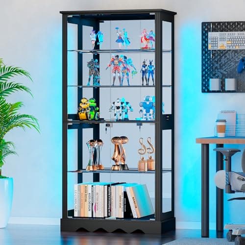 Dystler Display Cabinet with Glass Doors, 71'' Tall Curio Cabinet with RGB Lights for Collectibles, LED Display Case with Removable Shelf for Book/Medal/Figure, Black 7