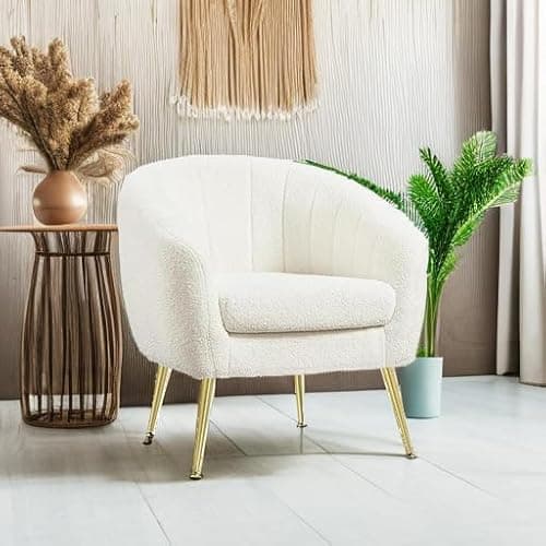 Yaheetech Sherpa Fabric Accent Chair, Modern Cozy Vanity Chair with Gold Metal Legs, Boucle Fabric Armchair with Removable Seat Cushion for Living Room Bedroom Office Guest Room, Ivory 5