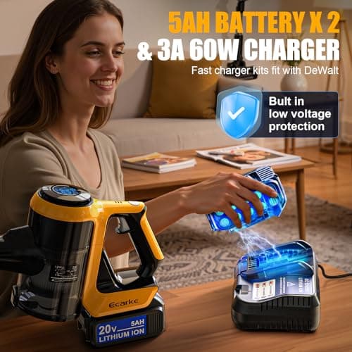 Ecarke Cordless Stick Vacuum Cleaner Compatible with DeWalt Battery, 350W Brushless Motor, 30KPa Suction, 6-in-1 180° Bendable Wand, Smart Screen 2x5AH Batteries & Charger – Hardwood Floors 5