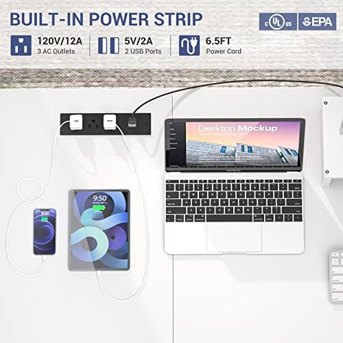 Aheaplus L Shaped Desk with Power Outlet, Standing Home Office Desk with Lift Top and File Drawer, 63'' Corner Computer Desk with Monitor Stand&Printer Shelves, Gaming Desk with Led Lights, White 7