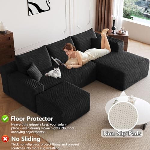 95" Modular Sectional Sofa with Ottoman, Modern Corduroy Cloud Couch with Deep Seat, Boneless Couch Upholstered 3-Seater U-Shaped Sofa for Living Room, No Assembly (Black,Right-Facing Chaise) 4