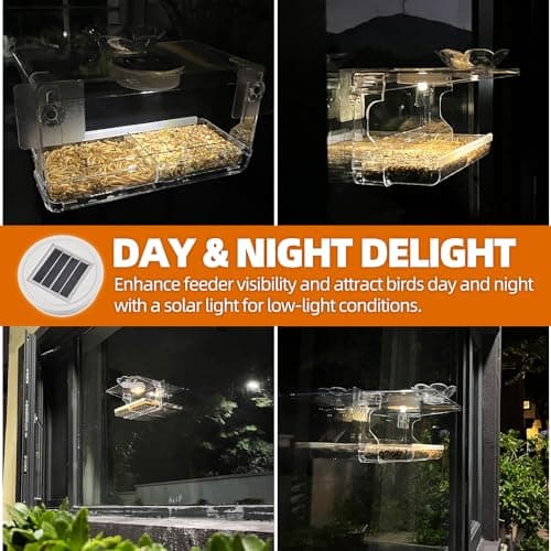 WENMIXER Window Bird Feeder with Solar Light, High Transparency, Weatherproof and Durable Outdoor Decor, Bird Watching Gift for Elderly, Families and Gardener, Entertainment for Cats 6