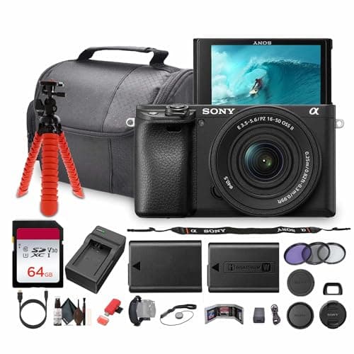 Sony a6100 Mirrorless Camera with 16-50mm f/3.5-5.6 II Lens (ILCE6100KB) + 64GB Memory Card + NP-FW50 Battery + Camera Bag + Charger + Flexible Tripod + Cleaning Kit + HDMI/Micro Cable + More
