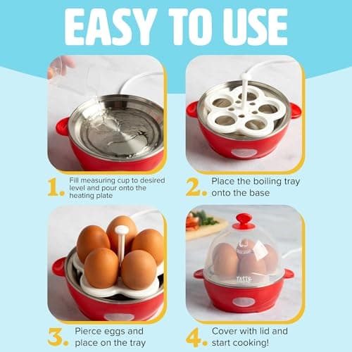 Tasty Mini Rapid Egg Cooker, 5-Egg Capacity for Perfect Hard Boiled Eggs or Omelets, Auto Shut Off, Red 6