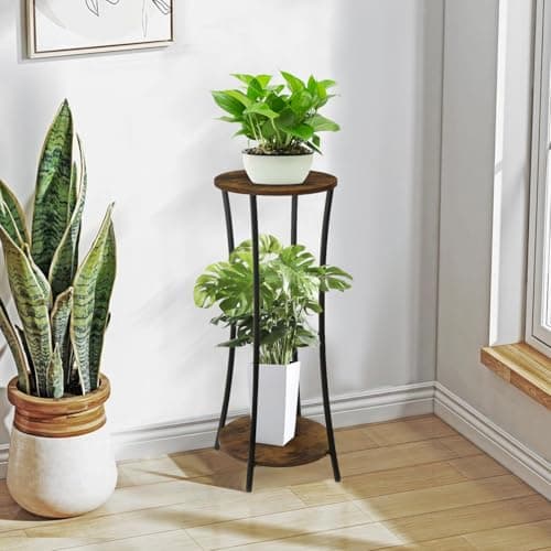 YINMIT Plant Stand Indoor,2 Tier Round Potted Holder Rack,Flower Pot Stand Shelf,Round Supports Rack,Corner Plant Shelf for Balcony Garden Patio Living Room,Brown 5
