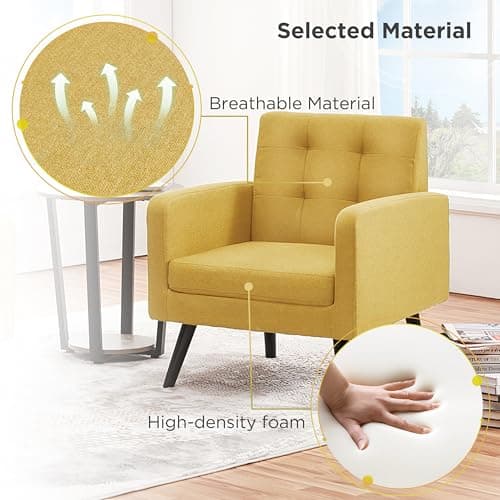 Yaheetech Mid-Century Accent Chairs, Modern Upholstered Living Room Chair, Cozy Armchair Button Tufted Back and Wood Legs for Bedroom/Office/Cafe, Yellow 6