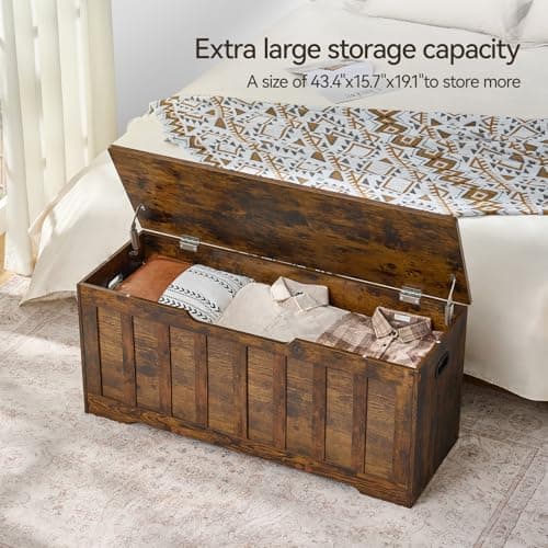 VANKILEY 43.3"Storage chest extra large,storage trunk with 2 safety Hinges,Wooden storage Bench,Shoe Bench,43.3x15.7x19.1 Inch,Easy Assembly,storage bench for bedroom,living room,entryway,Rustic Brown 5