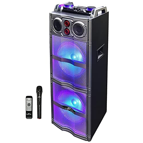 beFree Sound Double 10 Inch Subwoofer Portable Bluetooth Party Speaker with Reactive Lights, Gray
