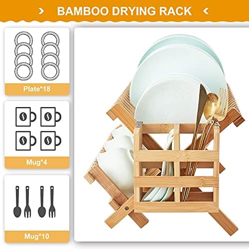 Worthyeah Bamboo Dish Drying Rack, 2 Tier Collapsible Dish Rack with Utensil Holder, Wooden Dish Drying Rack for Kitchen Counter, Large Folding Drying Holder, Dish Drainer 34 pcs Grid 8