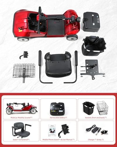 MobiCyc MS08 4-Wheel Mobility Scooter for Adults & Seniors, 18 Miles Removable Lithium Battery, 330 lbs Capacity, 350W Motor, Front/Rear Baskets, Phone Holder & Cup Holder, Compact(Red) 9