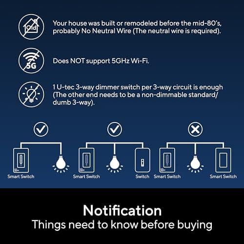 Smart 3 Way Dimmer Switch, Smart WiFi Mesh Dimmable Light Switch Compatible with Alexa, Google Assistant and SmartThings, 2.4GHz Wi-Fi, FCC/ETL Certified, No Hub Required, 1 Pack 8