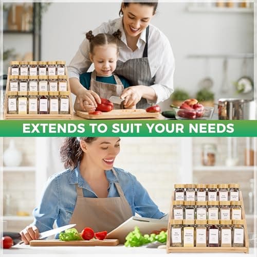 MNADSFKJ Spice Rack, Spice Organizer -3 Tier Bamboo Spice Racks, Solution for Spice Storage in Kitchens, Countertops，Storage Rooms and Other Places 6