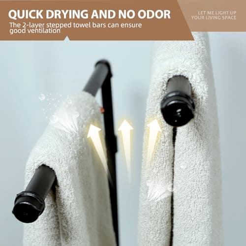 Hjarta 39 Inch Free Standing Towel Racks for Bathroom, Black Towel Holders with Wooden Base, 2-Tier Freestanding Towel Holder Stand for Bath Towel Sheet 6