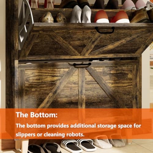 JOKOLO Shoe Cabinet Storage,Farmhouse Freestanding Organizer with 2 Flip Drawers and 4 Wooden feet,Narrow Shoe Rack Cabinet for Entryway,Rustic Brown 6