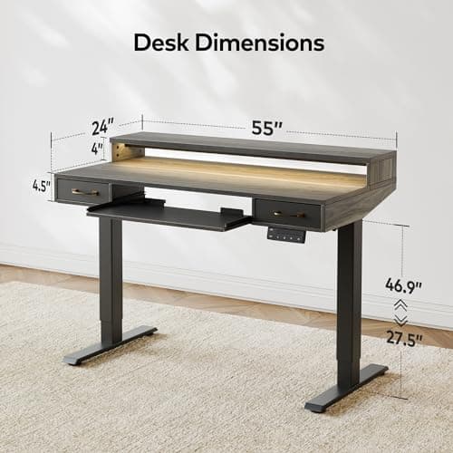 FEZIBO 55 x 25 Inch Height Adjustable Electric Standing Desk with Double Drawers&Keyboard Tray, Stand Up Desk with LED Strips, Sit Stand Desk with Monitor Stand, Rustic Grey 6