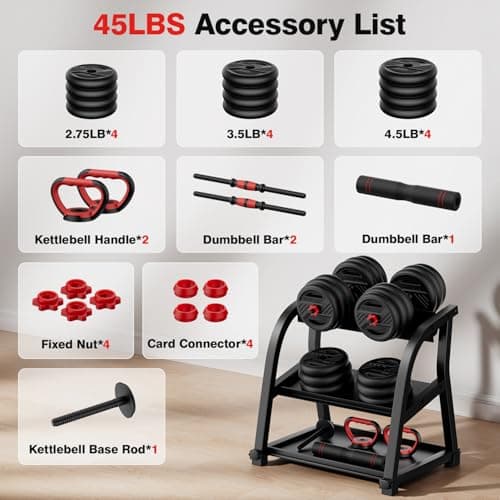 Cvonte Adjustable Dumbbell Set, 45lbs Free Weight Set With Double Locknut, 5-in-1 Dumbbells Set Includes Barbell, Kettlebells, Push up Stand, Fitness Exercise for Home Gym Suitable Men/Women 8