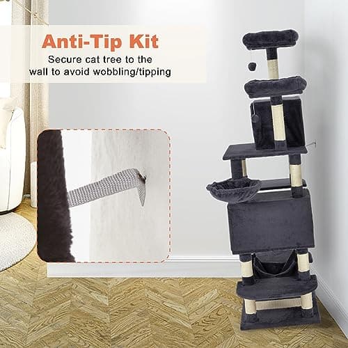 Mdeam Cat Tree 74 Inch Multi-Level Large Cat Tower with 16 Sisal Scratching Posts, 2 Caves, 2 Perches, Hammock, Scratching Board, Basket, Cozy Plush Cat Perches for Indoor Large Cats (Dark Gray) 7
