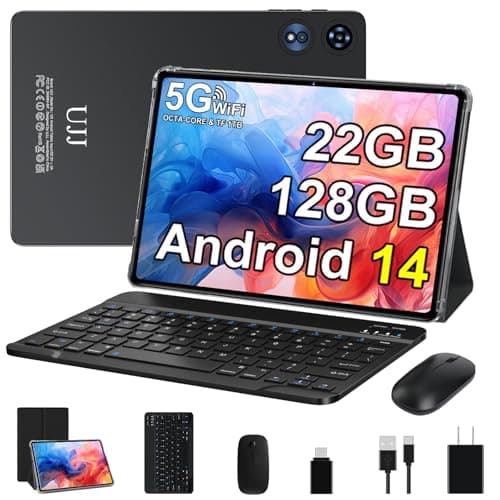 2025 Android 14 Tablet 22GB RAM 128GB ROM 1TB Expand, 10 inch Tablets with Keyboard Mouse, Octa-Core, 8000mAh Battery, HD IPS Display, 5G WiFi, BT 5.0, GPS, Widevine L1, Split Screen - Metal Black