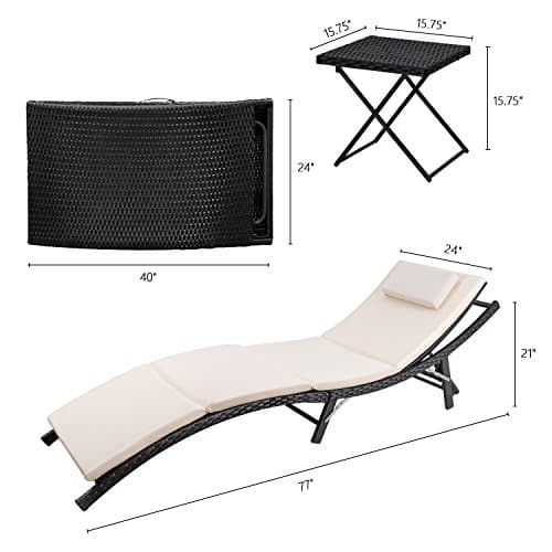 Devoko Patio Chaise Lounge Sets Outdoor Rattan Adjustable Back 3 Pieces Cushioned Patio Folding Chaise Lounge with Folding Table (Beige) 9