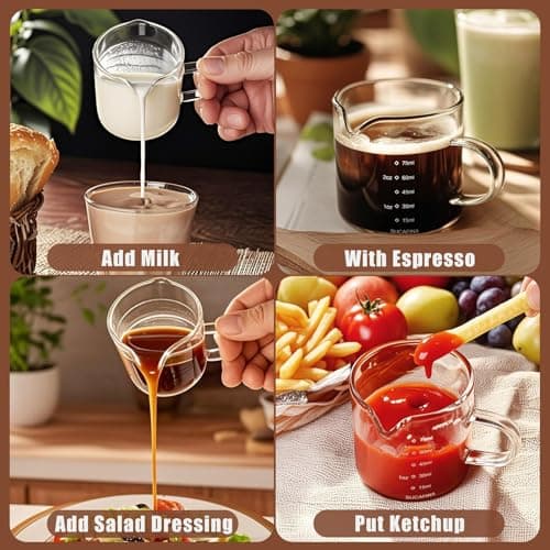 FUNGLIJIE Espresso Cups Set of 2, 75ML Espresso Shot Glass with Handle Double Spout Cups Clear Glass Measuring Cup Coffee Accessories Great for Making Coffee Desserts Salad Dressing 6