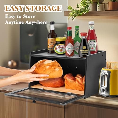 Tiagowell Bread Box for Kitchen Countertop, Large Capacity Bread Storage Container, Bamboo Breadbox with Window, Farmhouse Bread Box for Kitchen, Pantry, Cabinet, Cupboard, Bread Holder (Black) 6