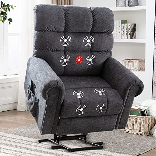 CANMOV Large Power Lift Recliner Chairs with Massage and Heat for Elderly Big People, Heavy Duty Electric Reclining Chairs Overstuffed Wide Recliner with USB Port and Side Pocket, Gray